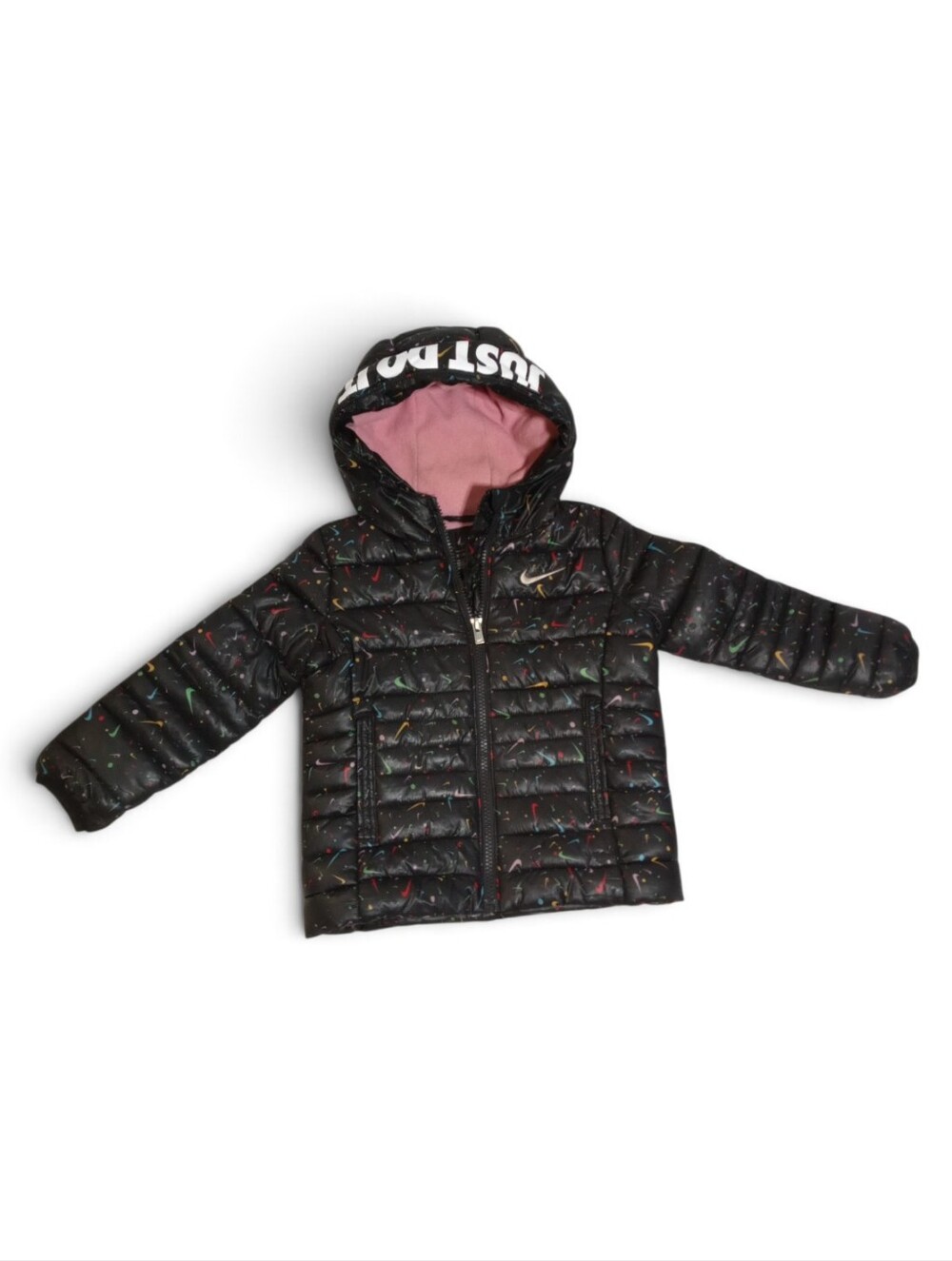 Nike Girls Black Puffer Hooded Jacket Pink Lined Sporty Athleisure Size 2T